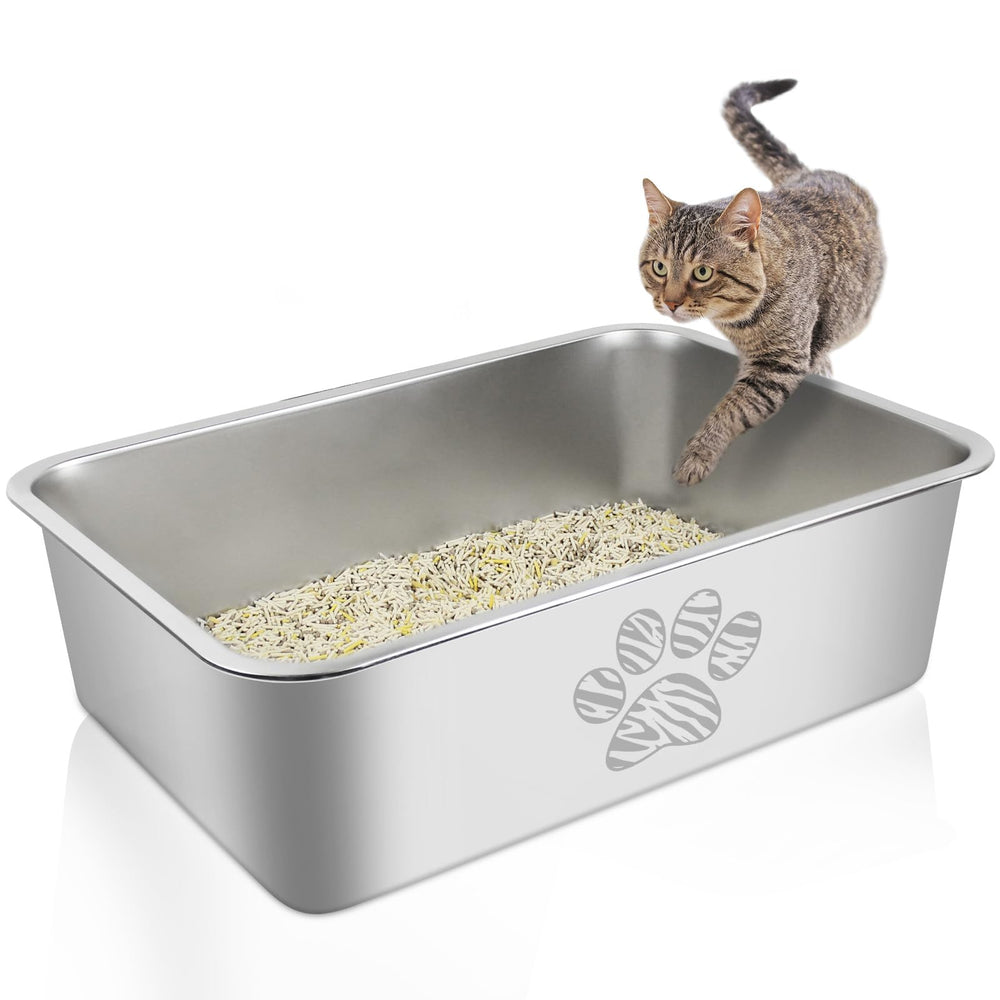 PWTAA stainless steel cat litter box front view shows sleek, easy-to-clean surface and spacious entry