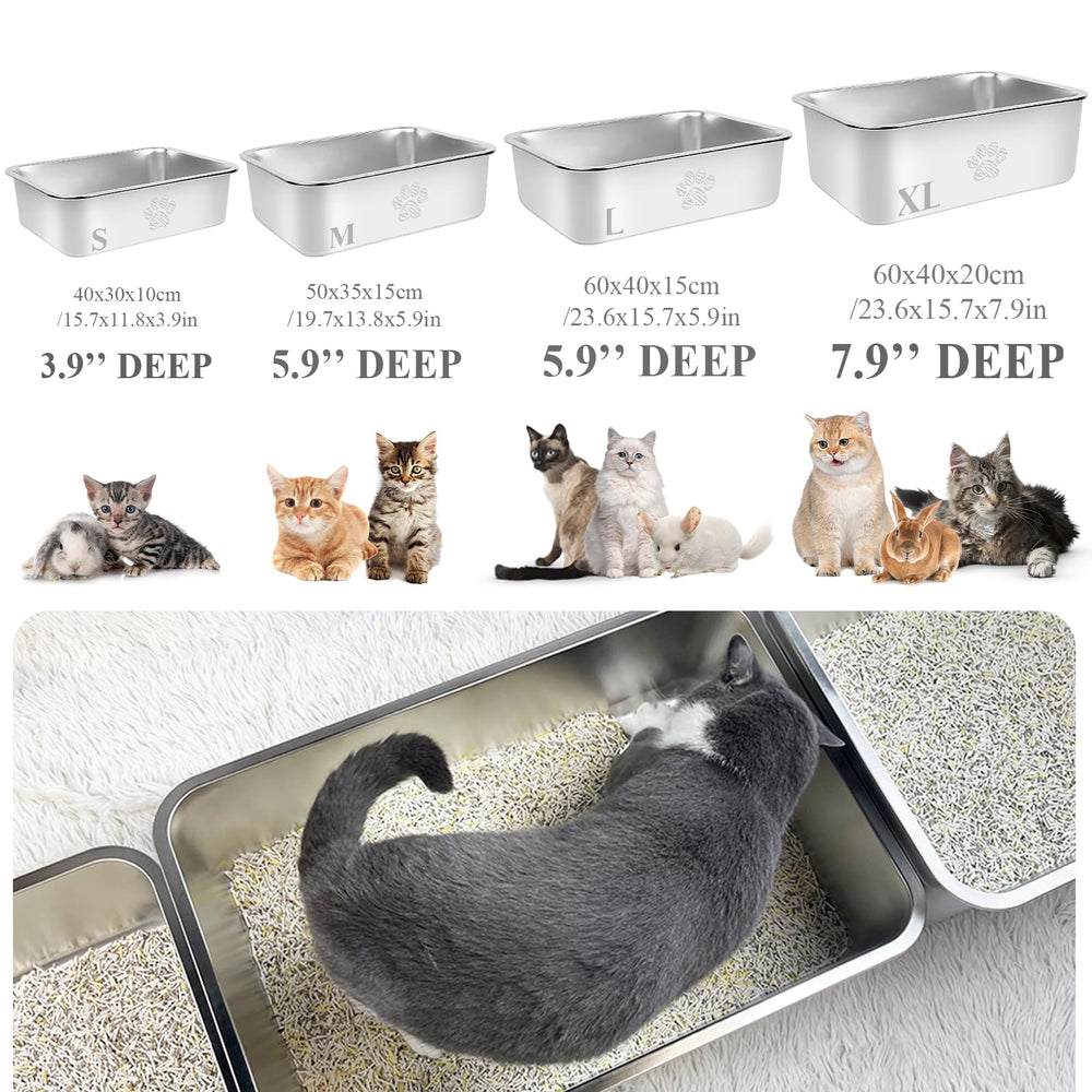 PWTAA stainless steel cat litter box side profile shows high side for reduced scatter