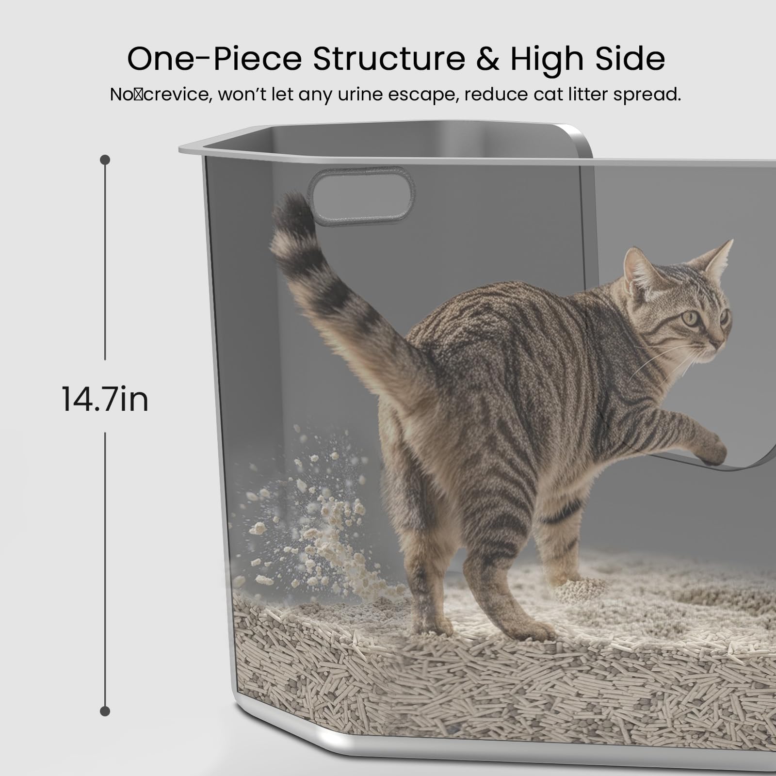 PWTAA stainless steel litter pan front-to-back seamless design eases cleaning.