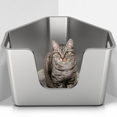 PWTAA stainless steel corner litter box front view shows roomy interior for multi-cat homes.