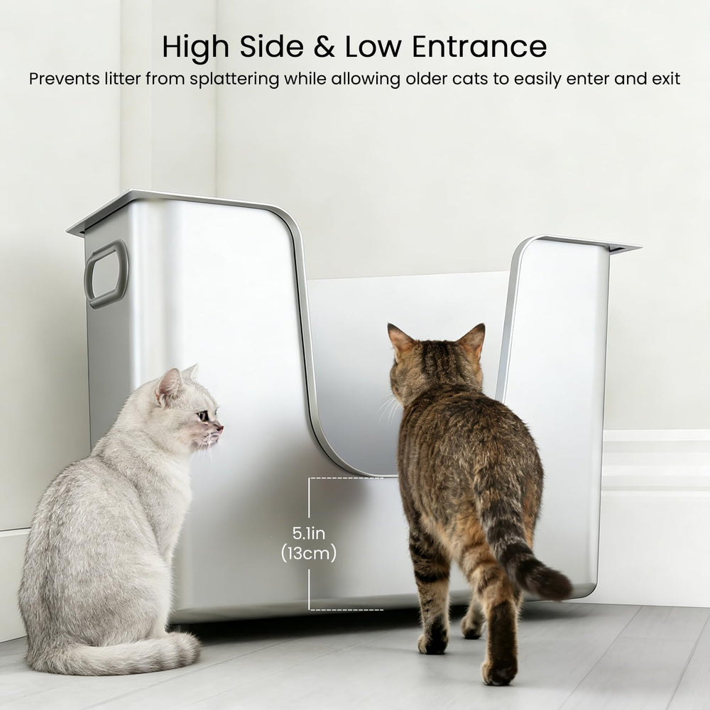 PWTAA stainless steel corner litter box suited for multi-cat homes.