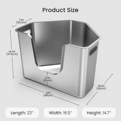 PWTAA stainless steel corner litter box side panel highlights seamless high walls for mess containment.