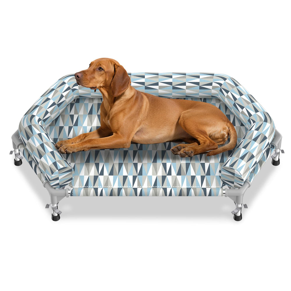 Pyowmgd orthopedic dog bed front view with elevated frame for cool naps.