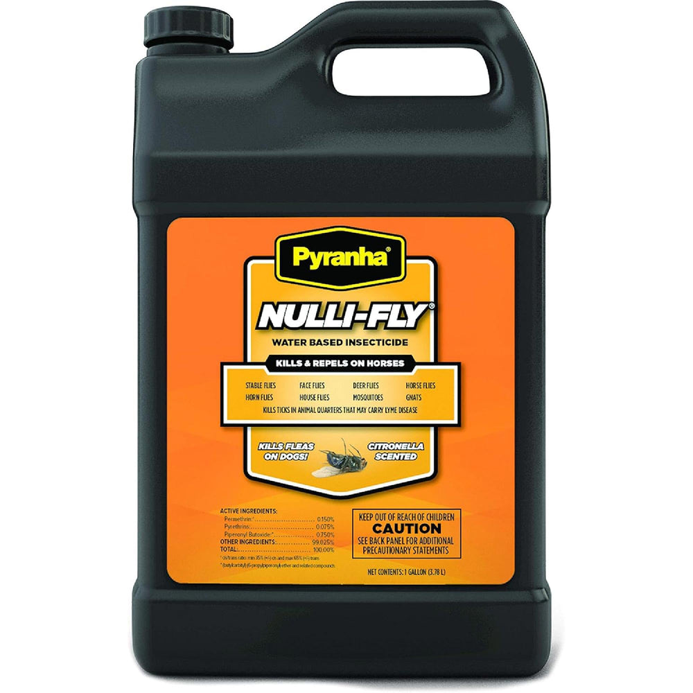 Pyranha Nulli-Fly spray bottle used on a sensitive-skin horse during turnout.