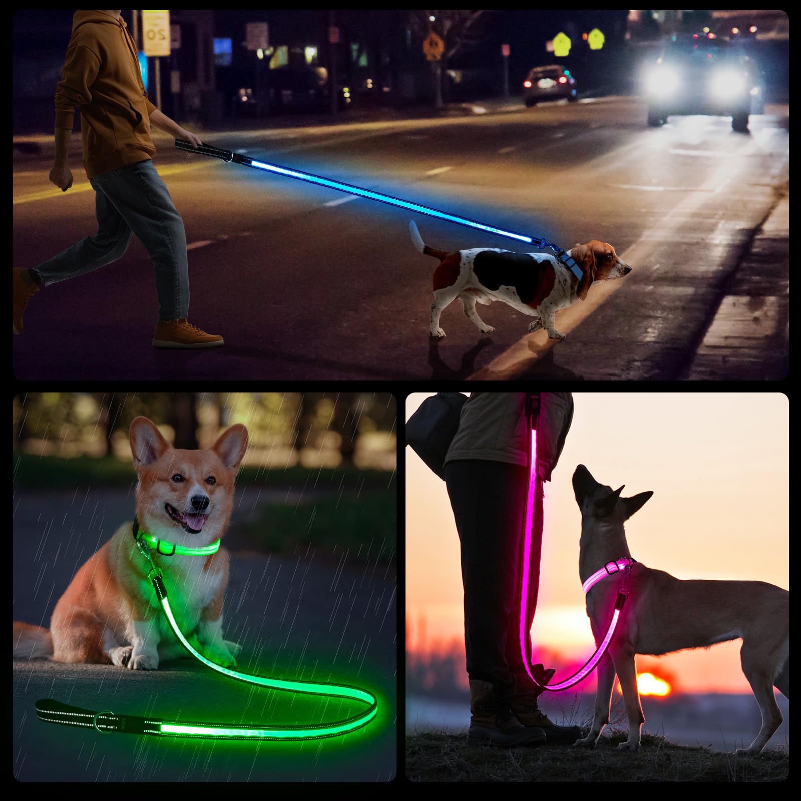 PZRLit light up dog leash comfort grip and 360° rotating clip reduces hand strain.