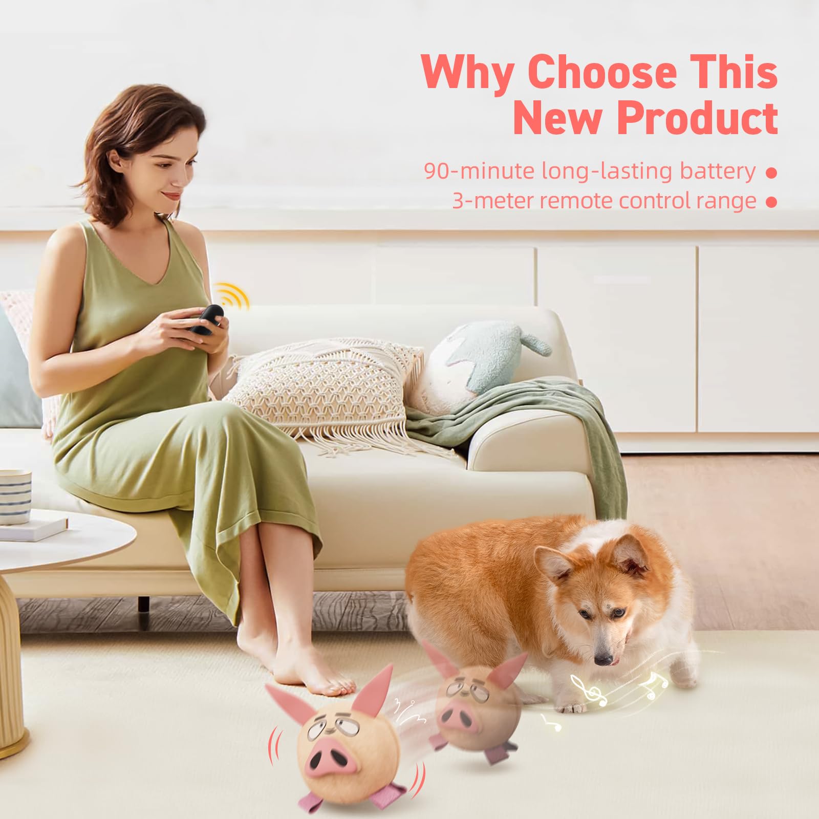 QDAN cotton-filled dog toy highlighting 90-minute battery life