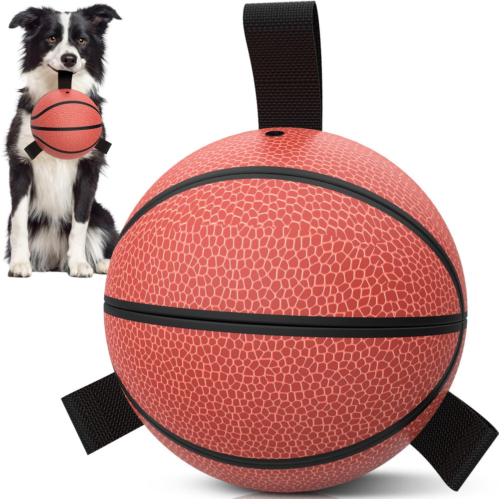 QDAN dog ball basketball toy with straps, 6in, ideal for playful fetch and easy pickup