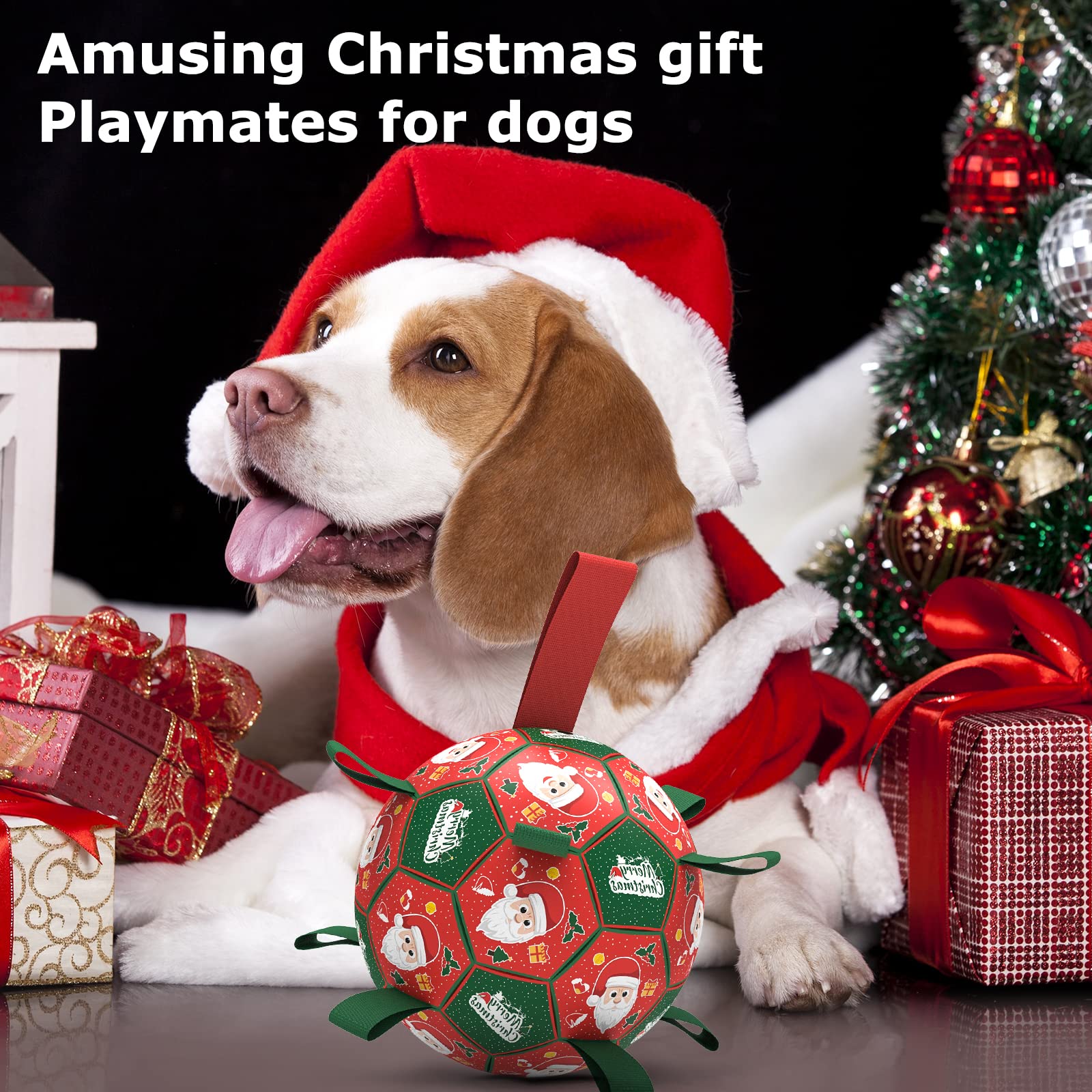 QDAN Christmas dog ball closeup showing festive colors for holiday play.