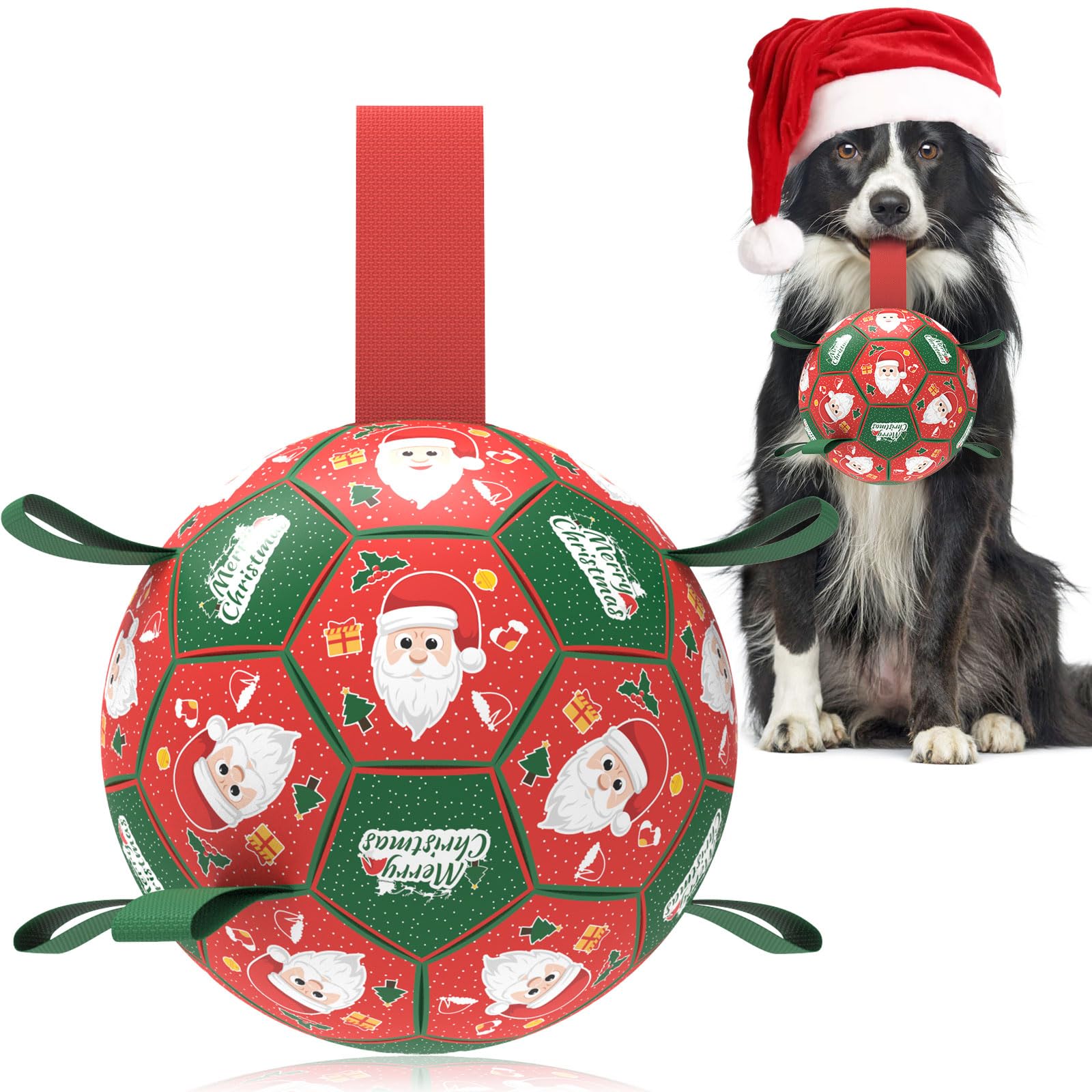 QDAN Christmas dog ball with strap for indoor fetch and bonding.