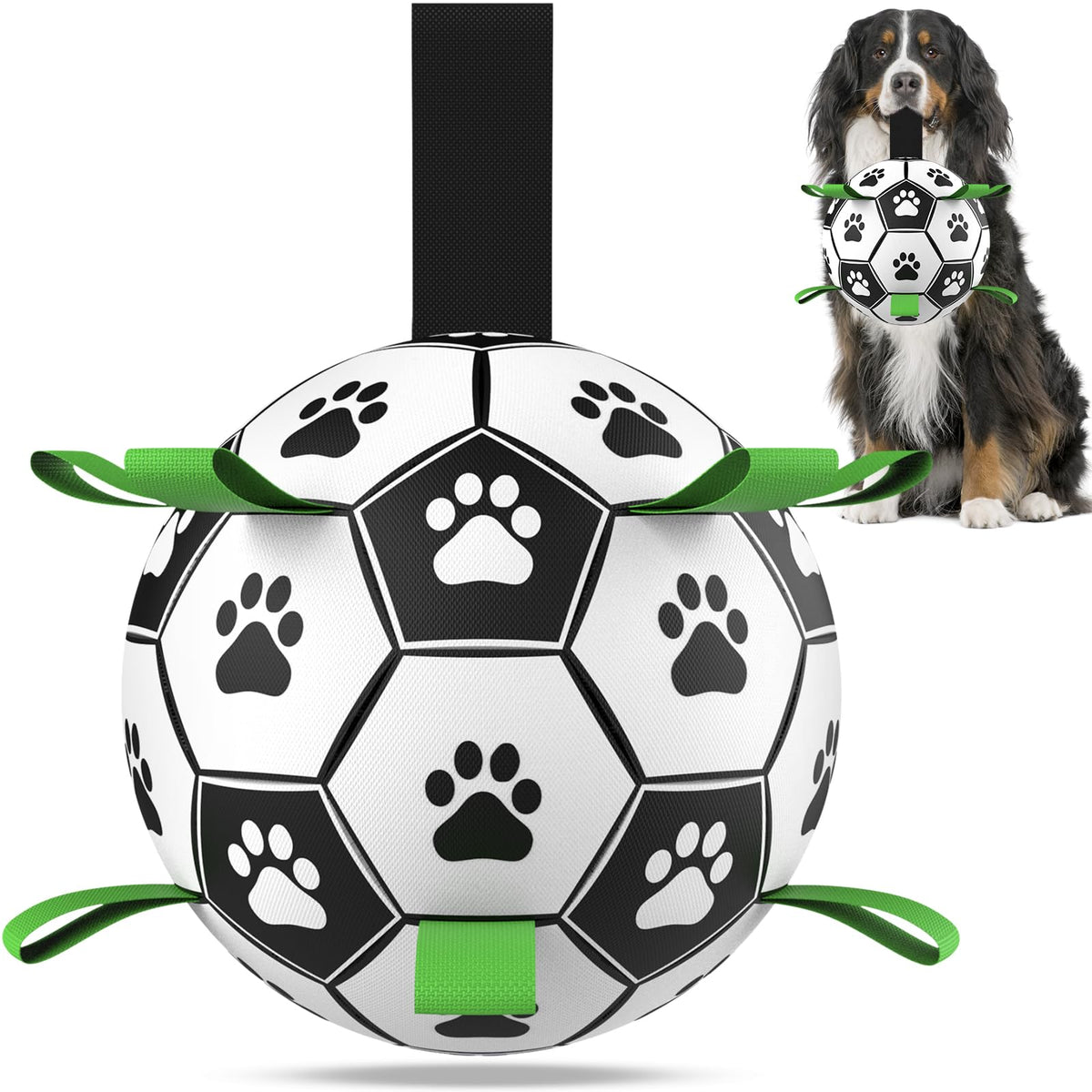 QDAN extra-large soccer ball with straps for big dogs, ideal for fetch and tug sessions.