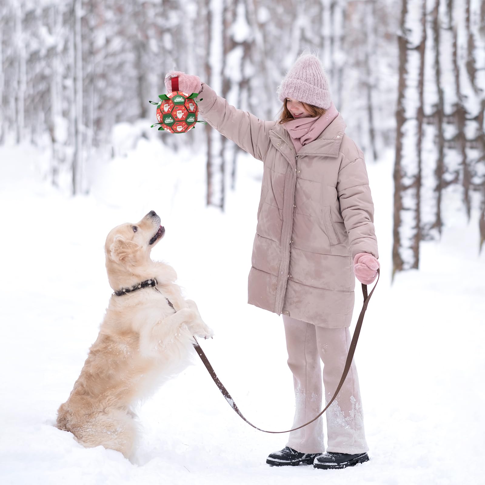 QDAN Christmas dog toy ball with straps for easy grip and toss.