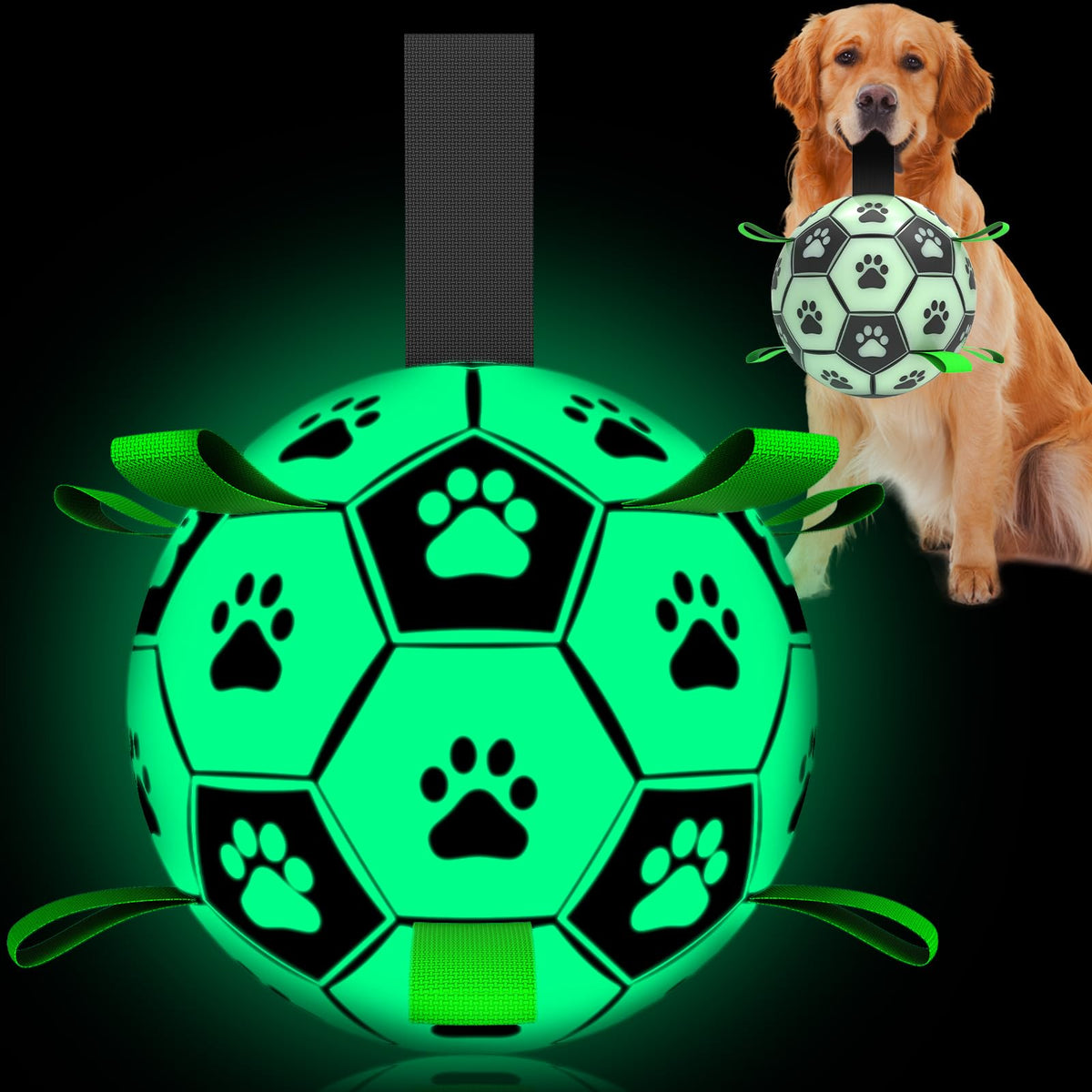 QDAN Glow Dog Ball with green neon glow for night fetch.