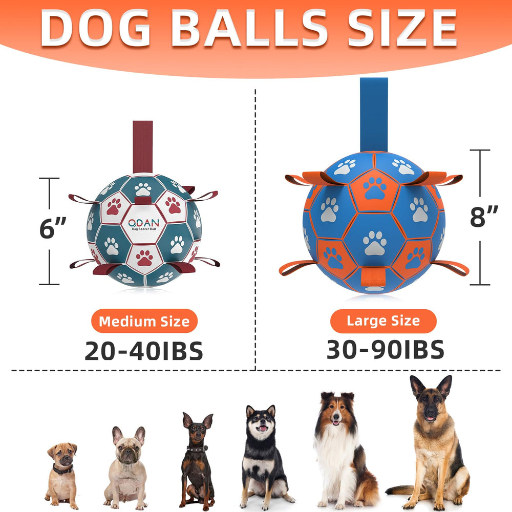 QDAN dog rope toy soccer ball blue orange 8in grab straps for easy throwing and fetch