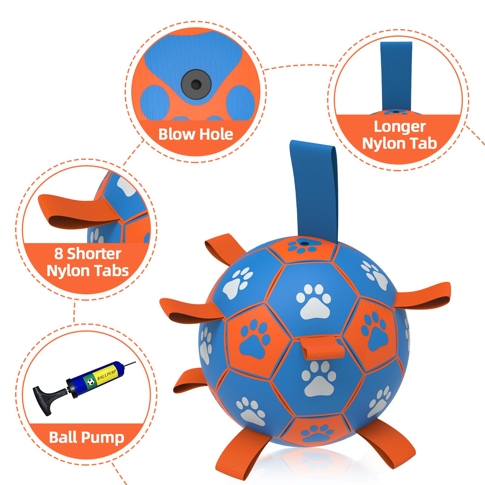 QDAN dog rope toy soccer ball blue orange 8in water-friendly floats for pool or lake