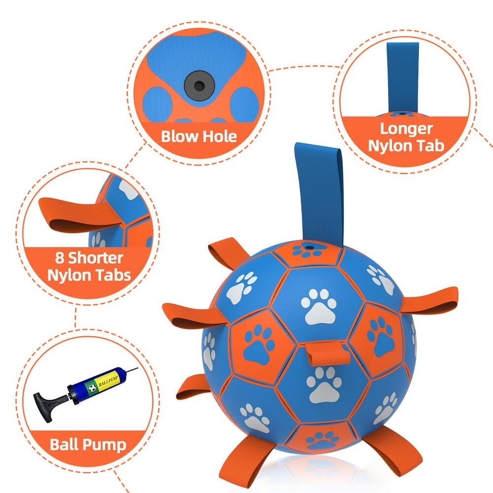 QDAN dog rope toy soccer ball blue orange 8in water-friendly floats for pool or lake
