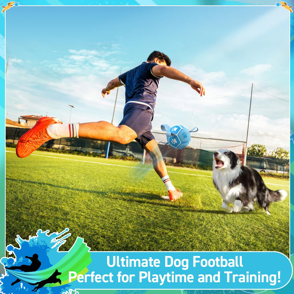 QDAN dog soccer ball with straps shows erratic bounce for pursuit and fetch.