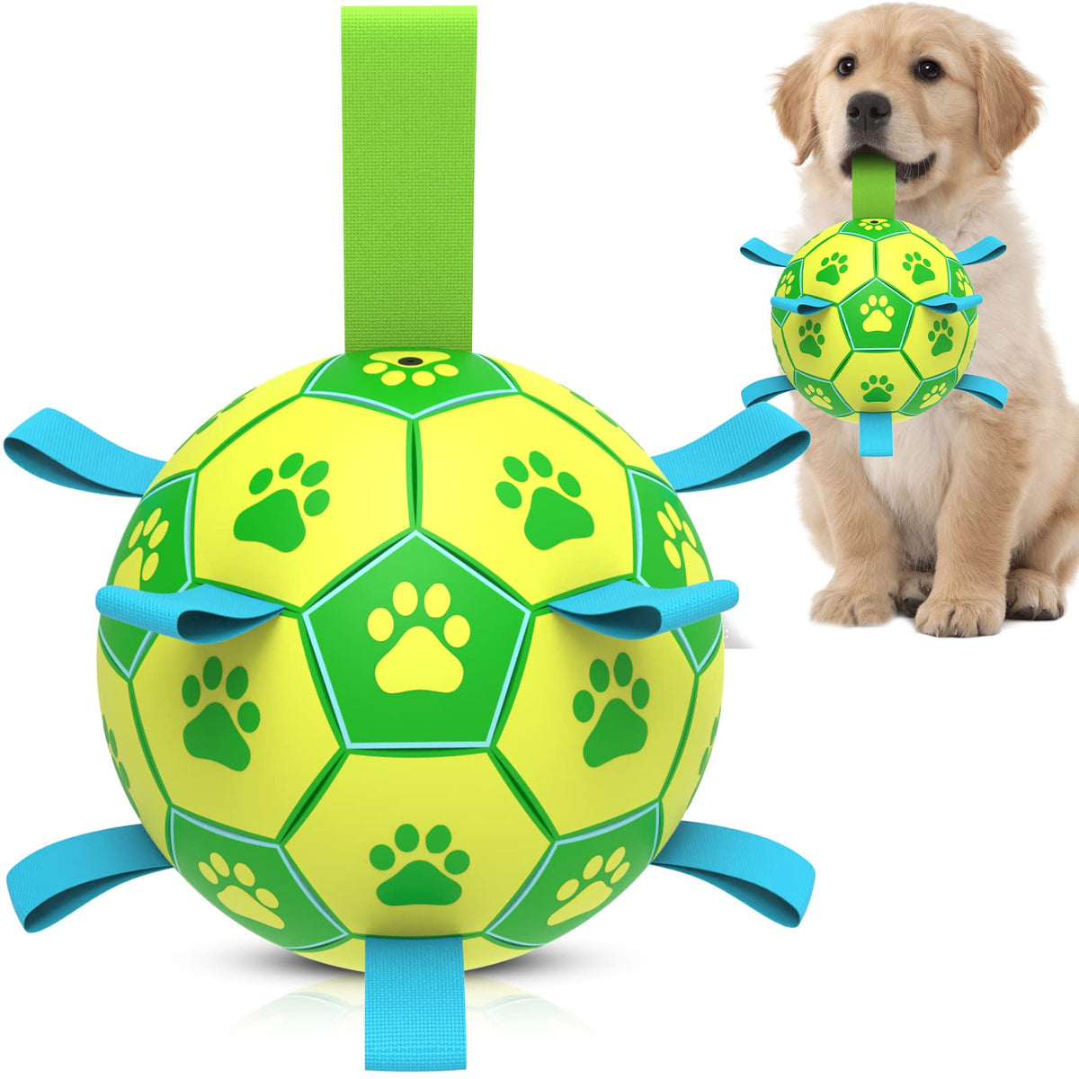 QDAN dog soccer ball in green-yellow for fetch and water play.