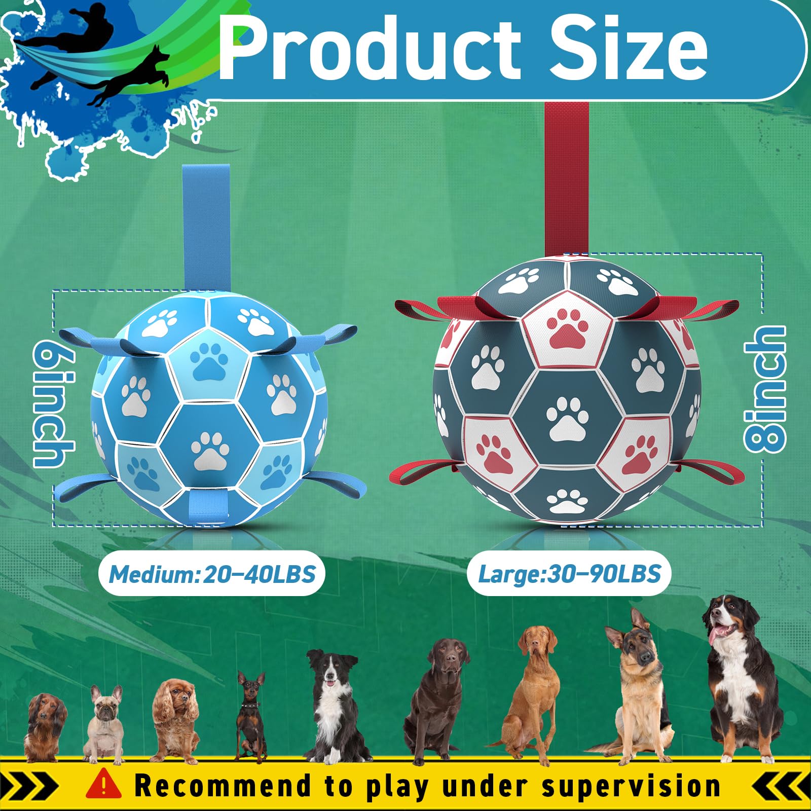 QDAN dog soccer ball outdoor play scene highlighting durable polyurethane.