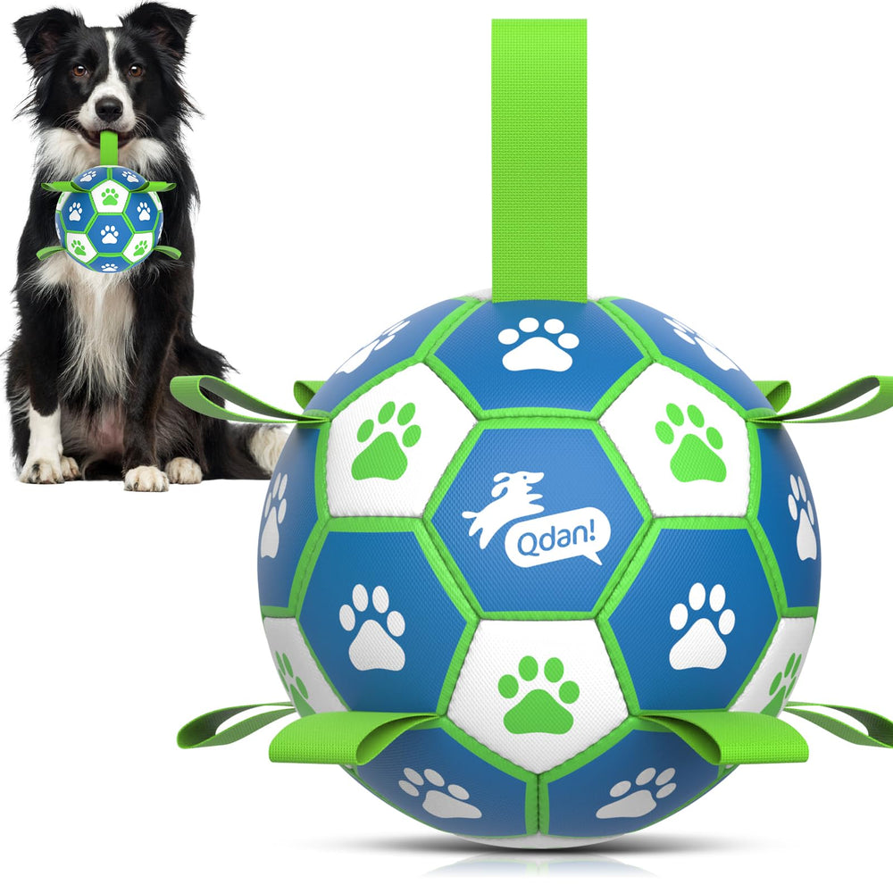 QDAN dog soccer ball with straps in outdoor play setup, ready for interactive fetch.