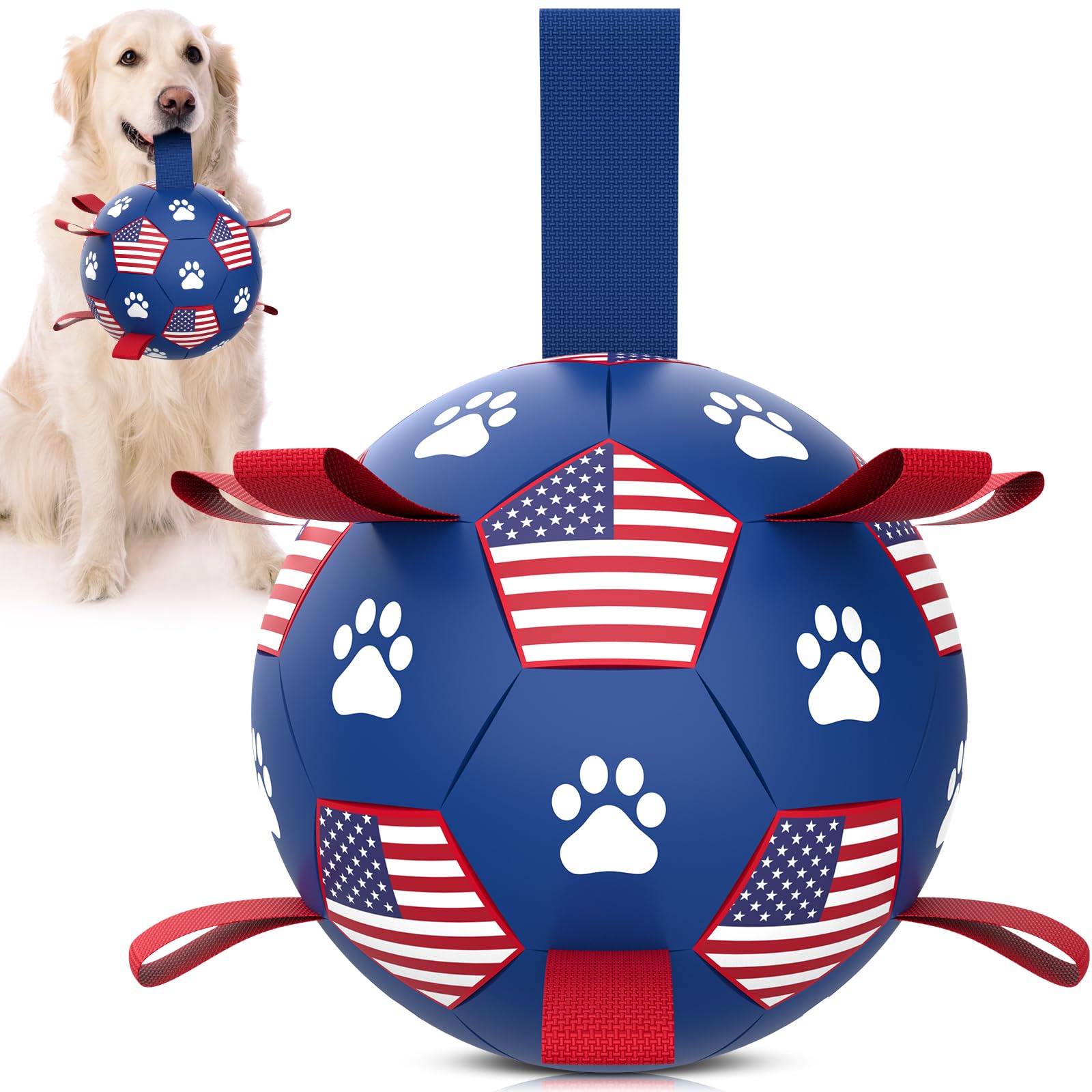 QDAN dog soccer ball with straps for easy fetch and tug.