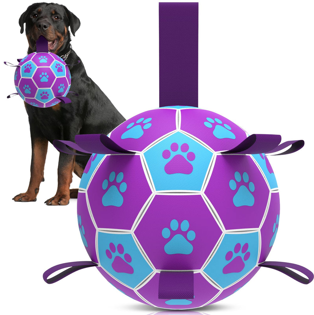 QDAN dog soccer ball close-up with strap for easy pickup.