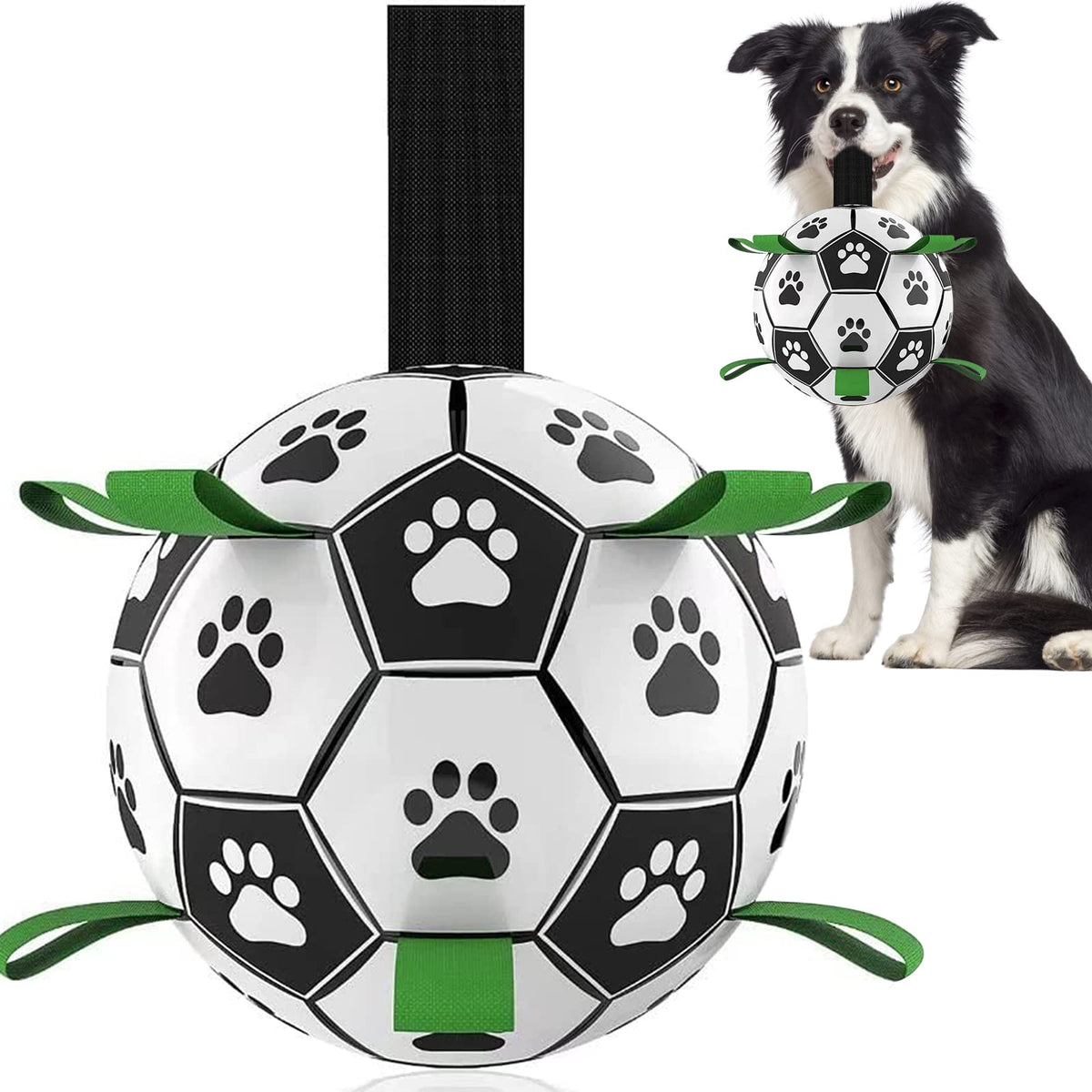 QDAN dog soccer ball with straps in black-green for fetch and bounce.