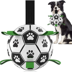 QDAN dog soccer ball with straps in black-green for fetch and bounce.