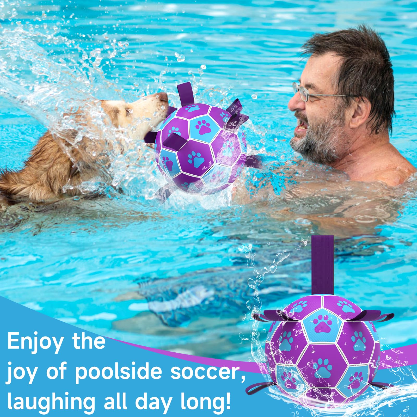 QDAN dog soccer ball in water ready for pool play and fetch.