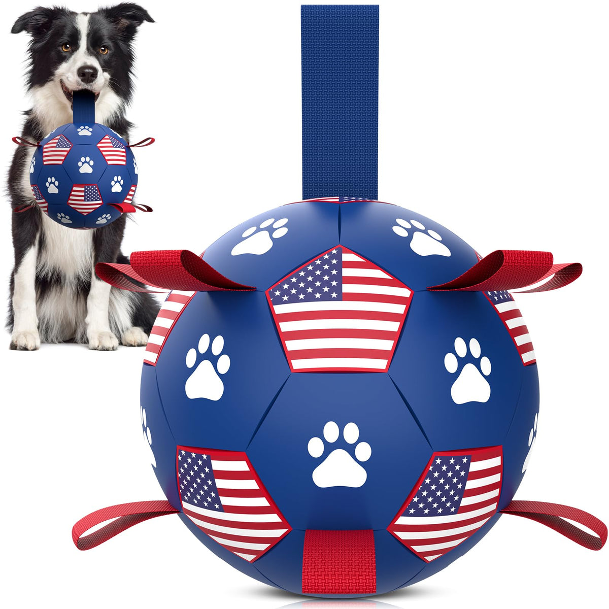 QDAN dog soccer ball with straps side view for fetch and playtime.