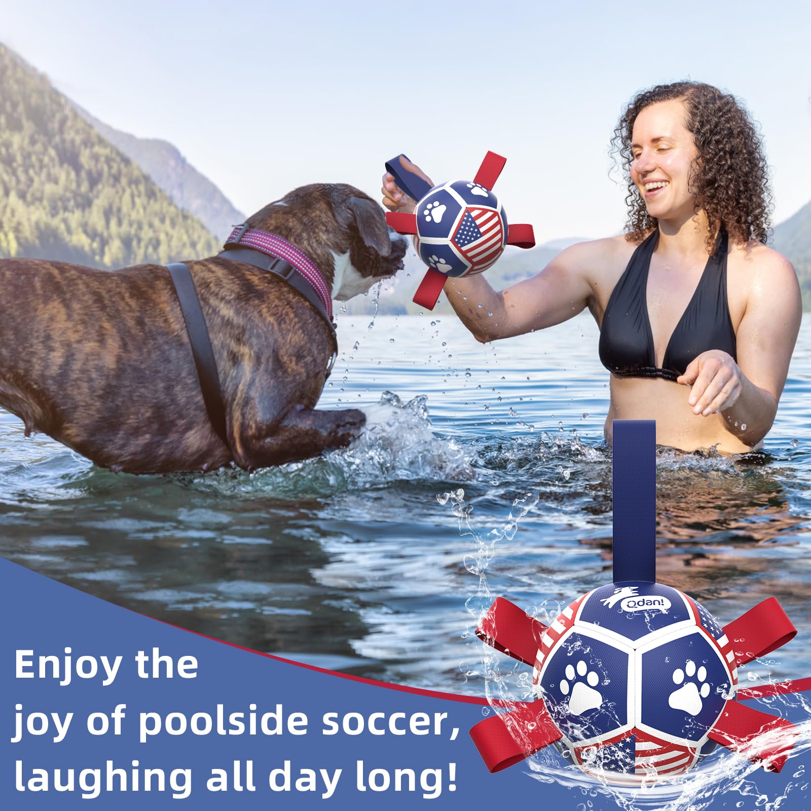 QDAN dog tug ball with nylon tabs for indoor and outdoor games.