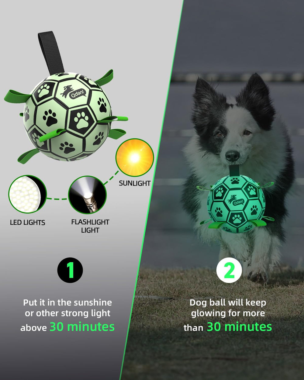 QDAN Light-Up Soccer Ball for dogs enhances outdoor visibility.