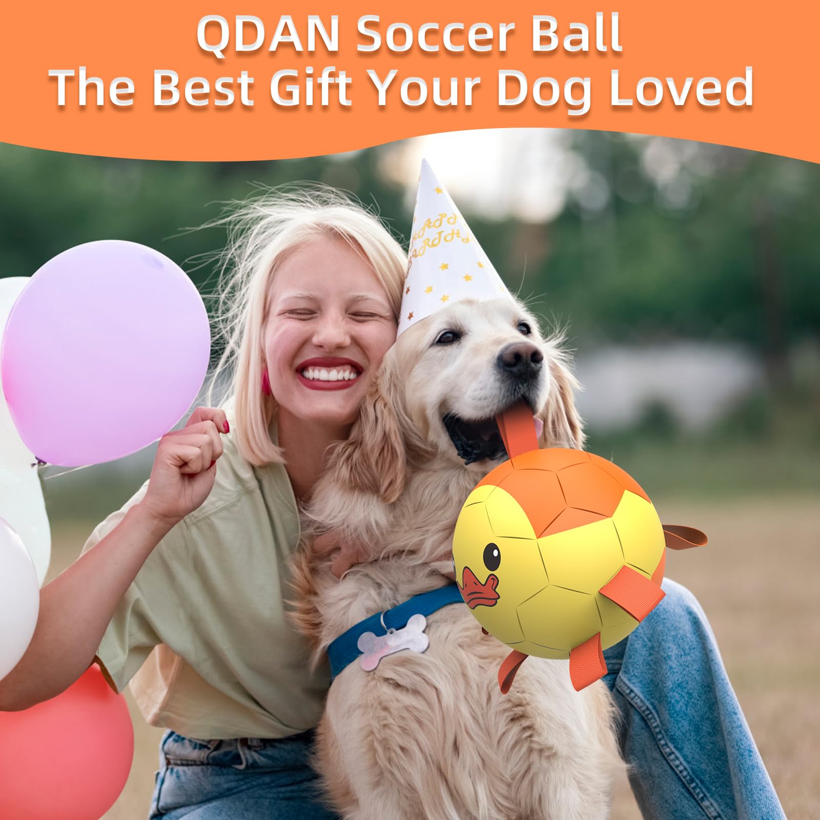 QDAN dog ball with long strap enabling easy retrieval during tug training