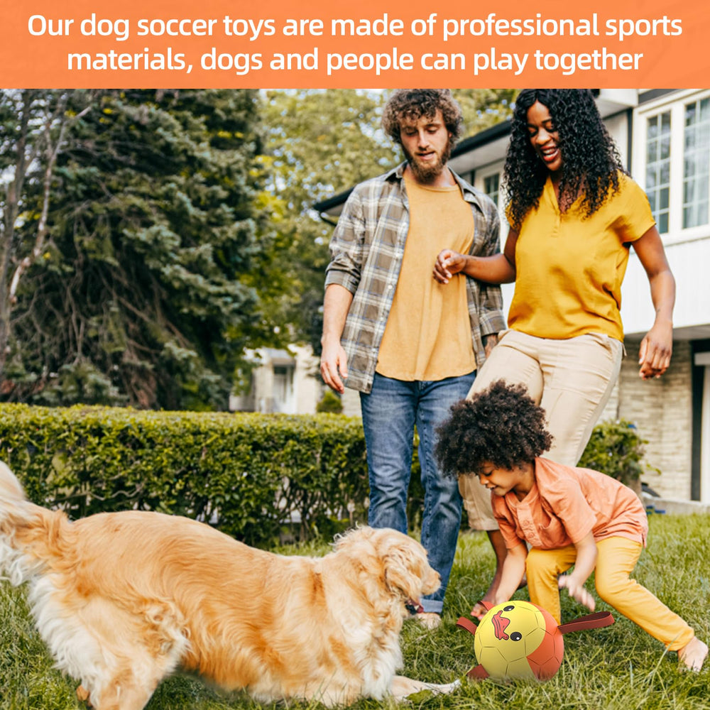 QDAN dog soccer ball close-up shows nylon tabs for erratic bounce and fetch appeal