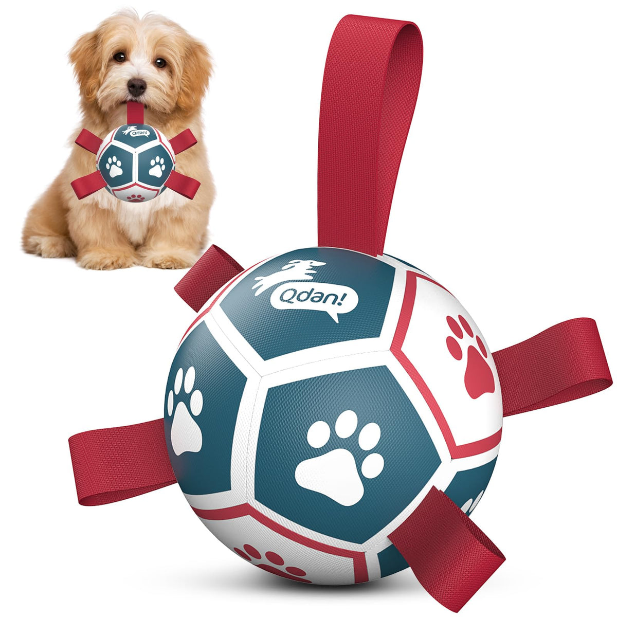 QDAN small dog soccer ball 5-inch with straps for easy grabbing during play.