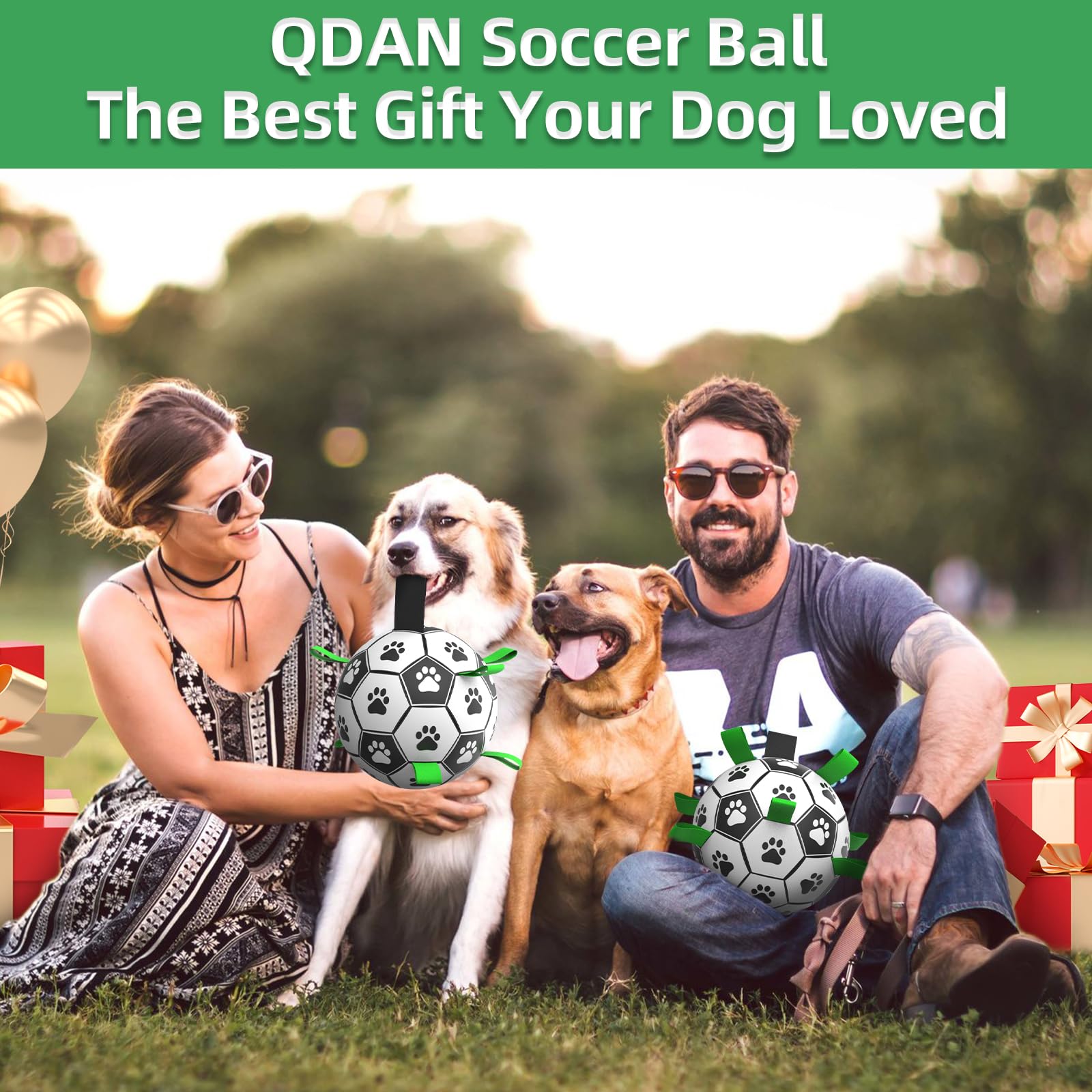 QDAN dog soccer ball 8inch close-up with grab straps for easy fetch.