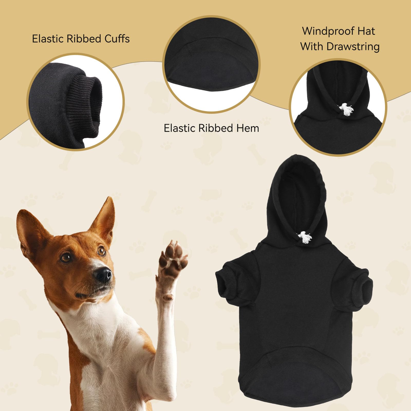 QDYU dog hoodie pocket detail offers handy place for treats or toys.