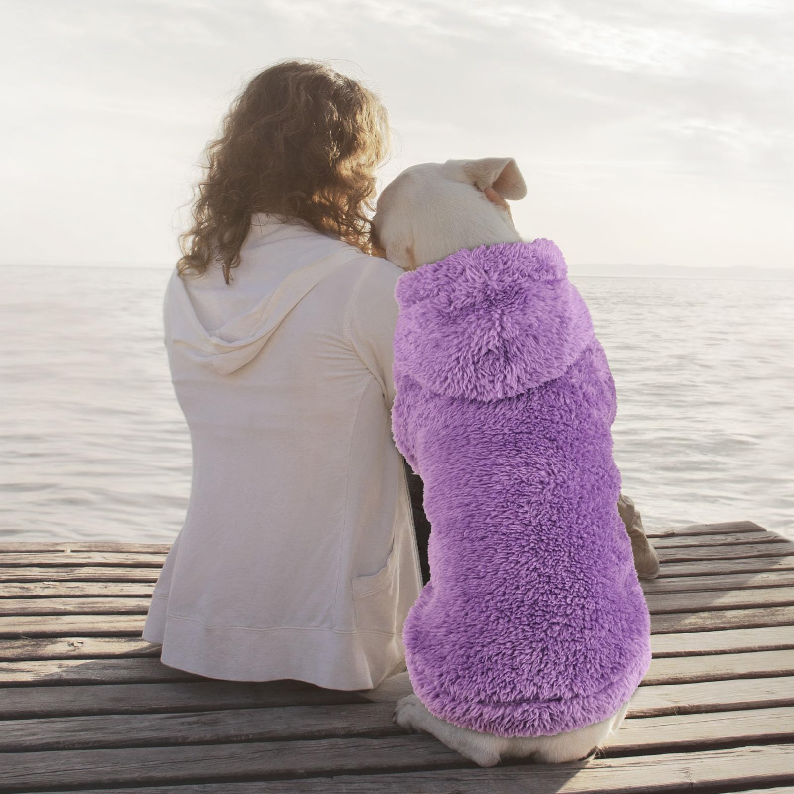 QDYU fuzzy dog hoodie machine washable tag indicates easy care