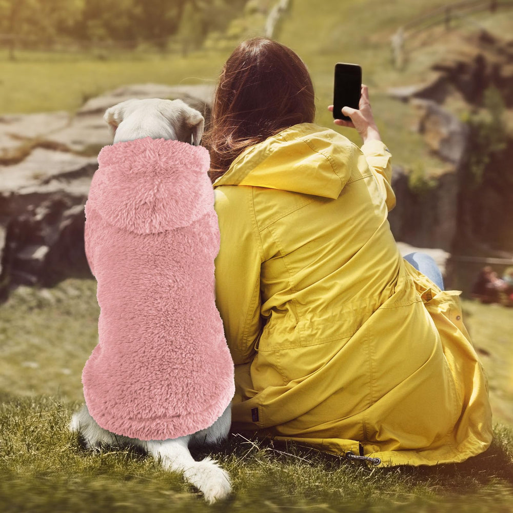 QDYU fuzzy dog sweater pink-xl lifestyle image highlights stylish practical dog hoodie