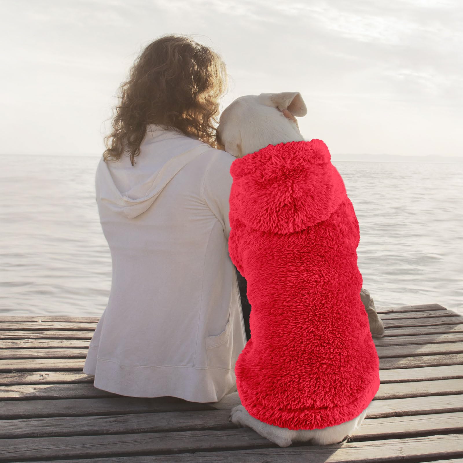 QDYU fuzzy dog sweater red-xl worn by dog model for cozy styling and versatility