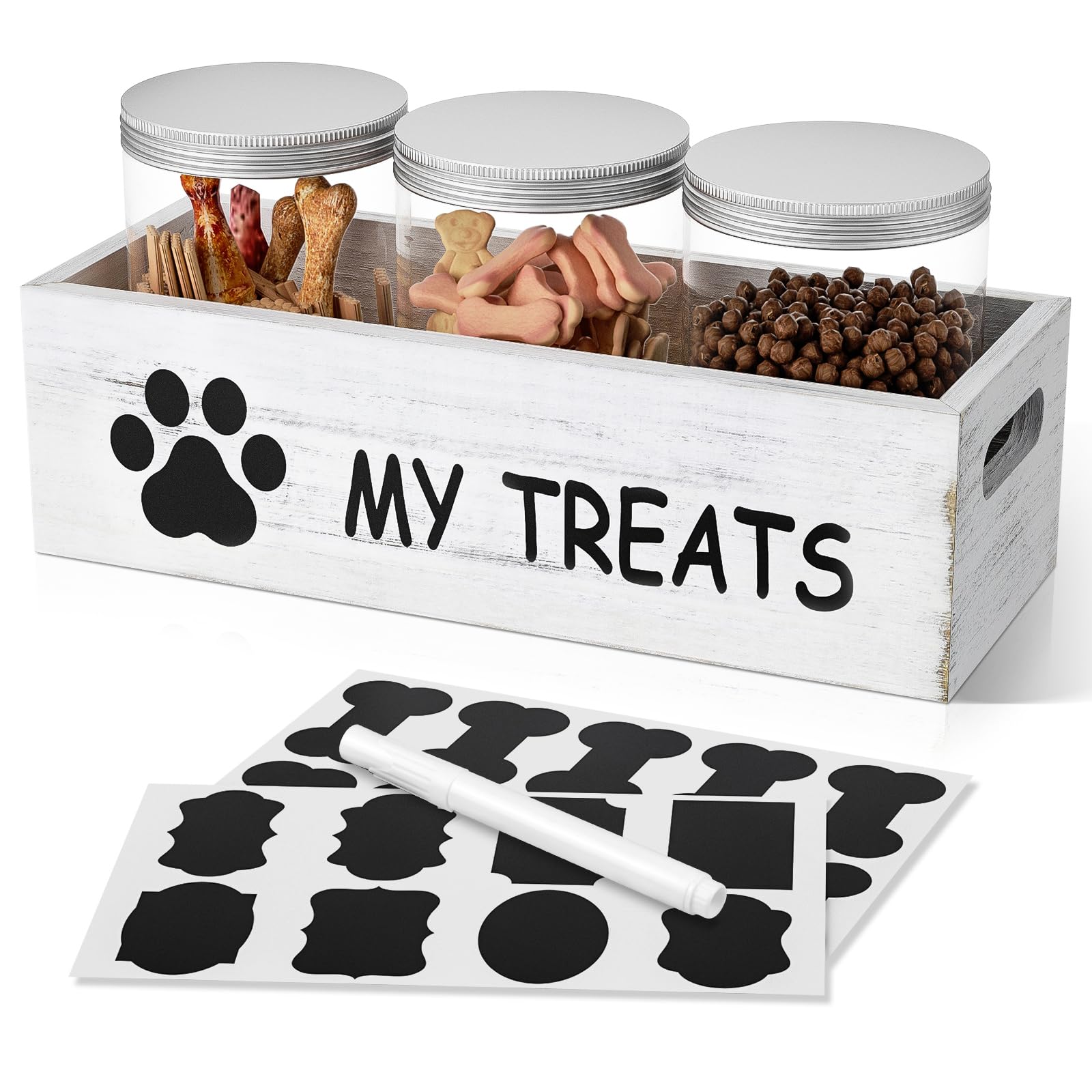 Qeerable dog treat container on countertop keeps treats fresh and organized.