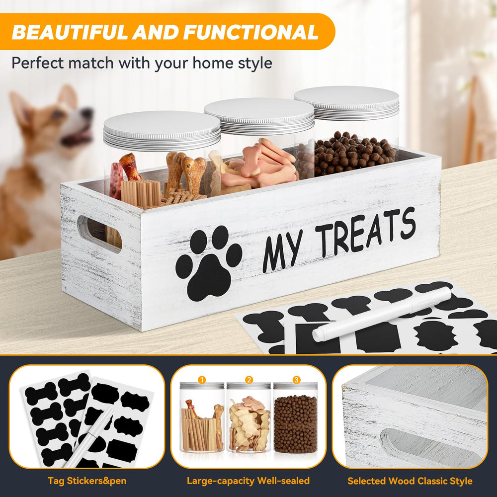 Qeerable wooden dog treat storage with lids blends with home decor and secures contents.