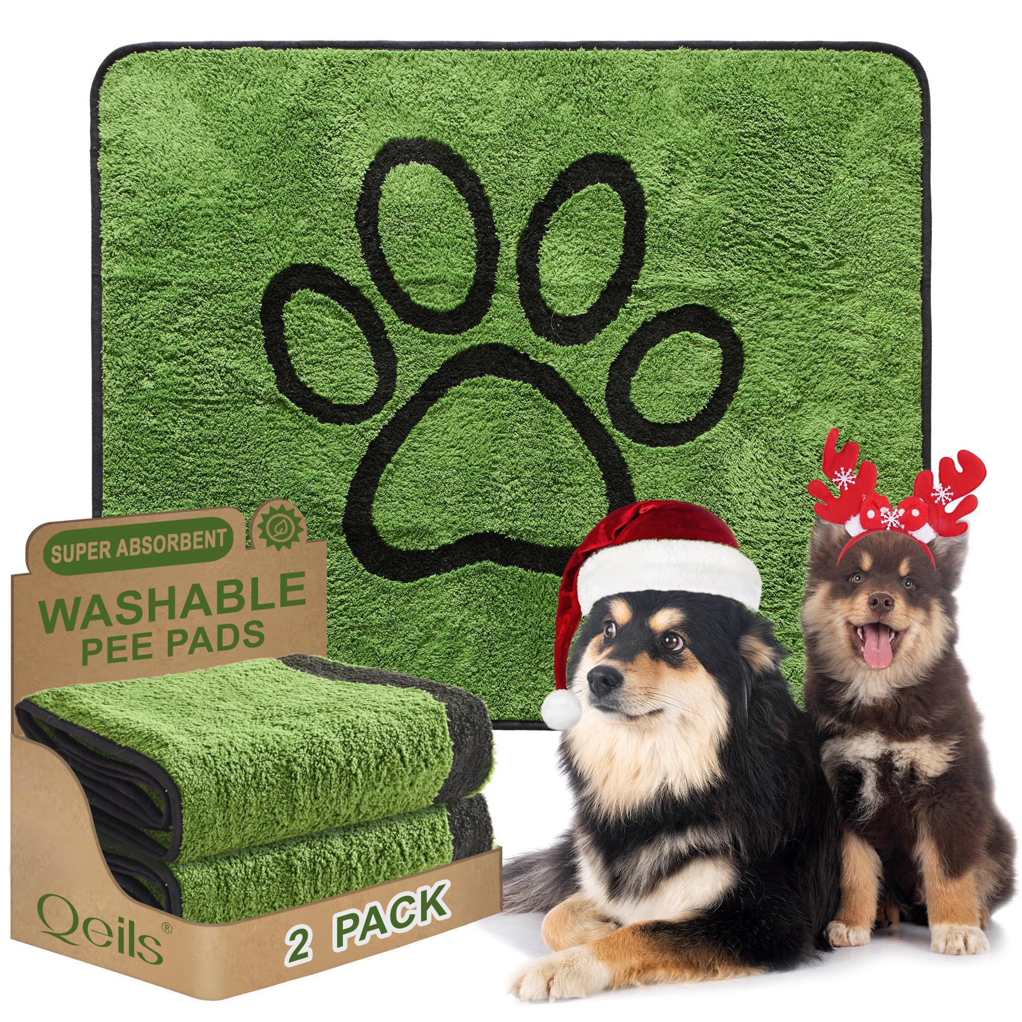Qeils reusable dog pee pad 2-pack, absorbent core, locks in moisture for cleaner floors.