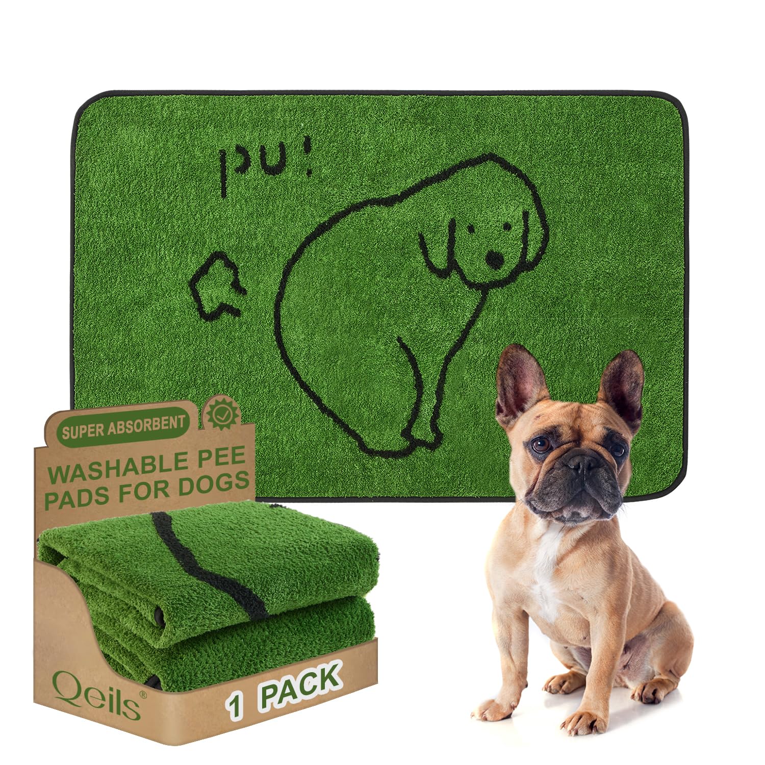 Qeils reusable puppy pads 36x24 flatlay showing grass-like surface for easy training.