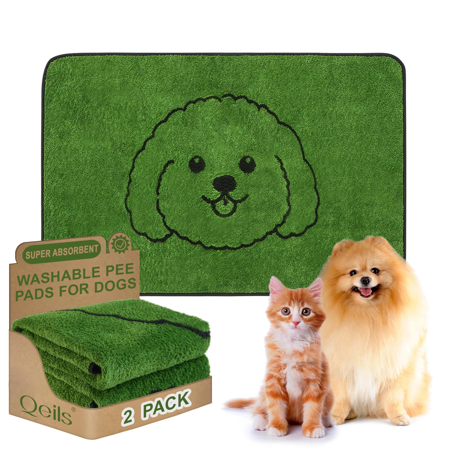 Qeils grass-design reusable puppy pads aid training and reduce accidents.