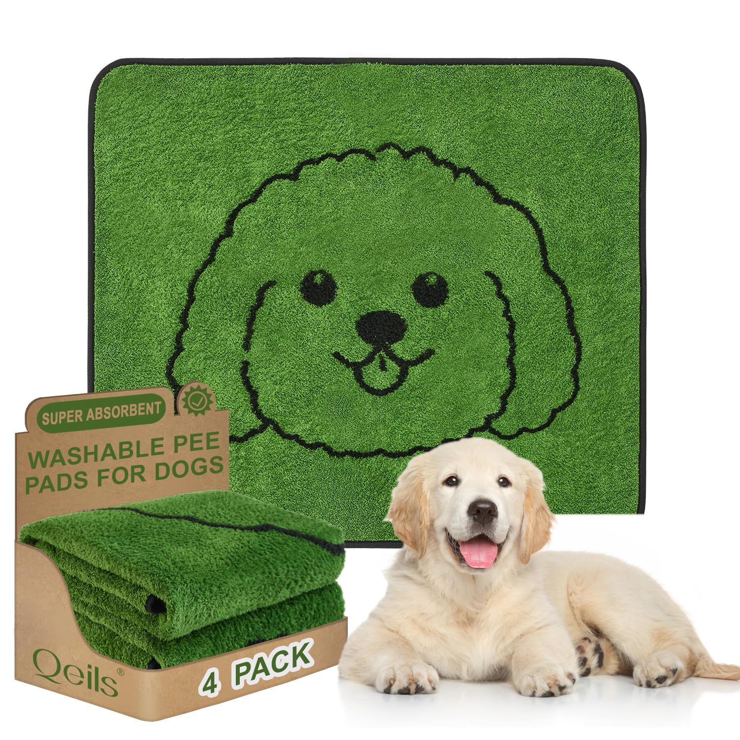 Qeils reusable puppy pads packaging highlights leakproof design for mess-free homes.