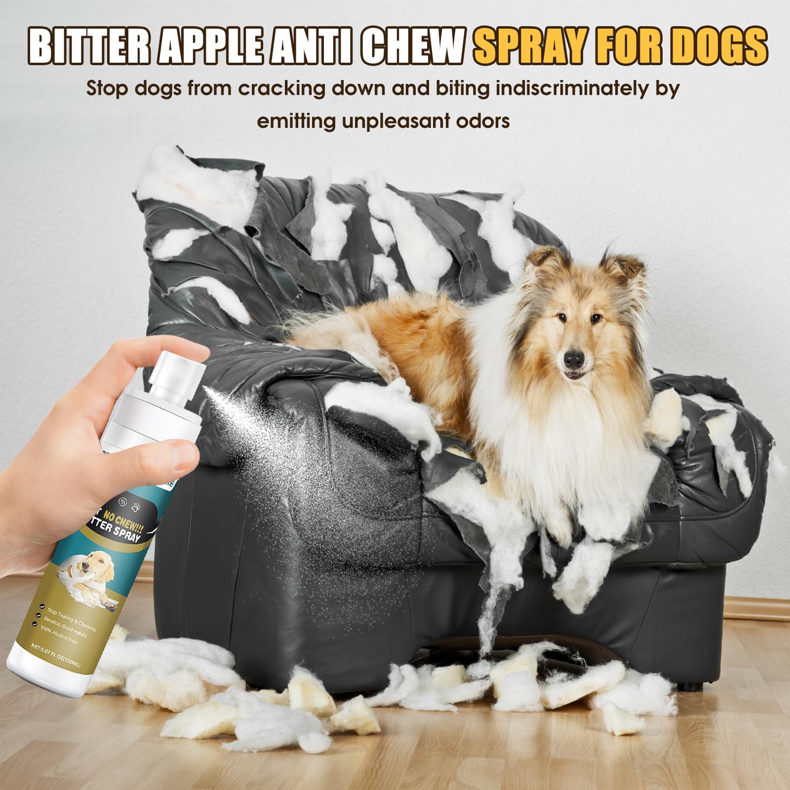 QHZ Bitter Apple Spray protects furniture and fabrics from dog chewing