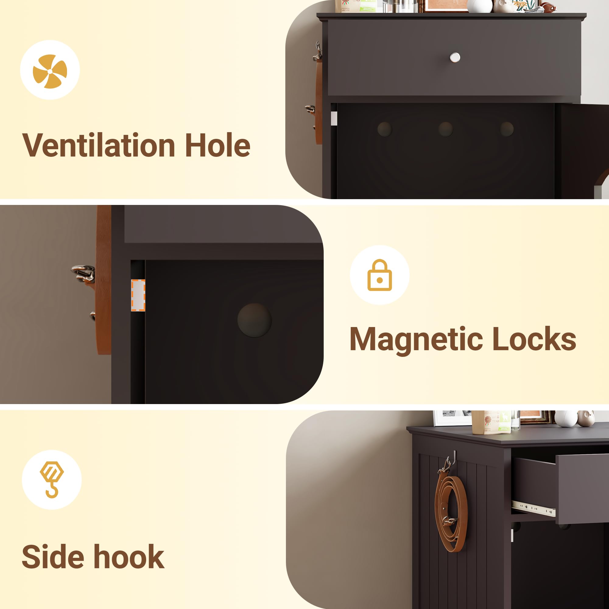 Qiaoxuan brown-finish cabinet blends with living room decor.