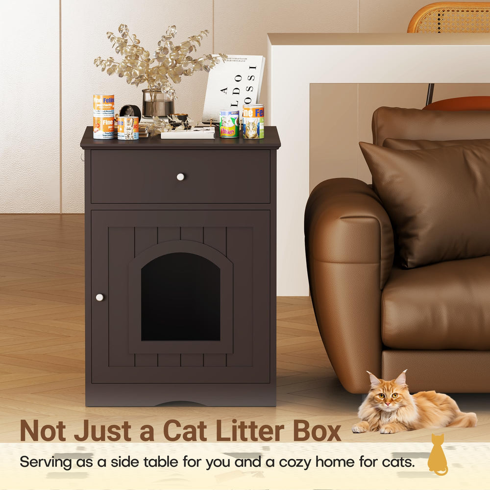 Qiaoxuan enclosure drawer-open view shows convenient storage for cat supplies.