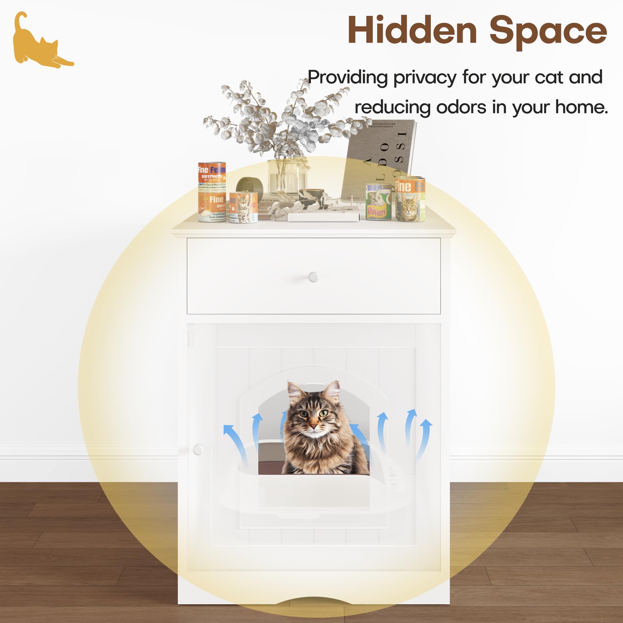 Qiaoxuan litter box enclosure drawer close-up demonstrates convenient litter scoop and food storage