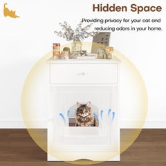 Qiaoxuan litter box enclosure drawer close-up demonstrates convenient litter scoop and food storage